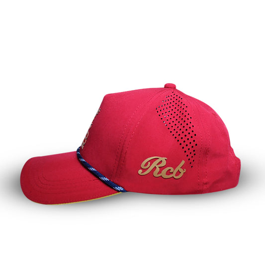RR RCB 01 red cricket fan cap side view with perforated panels and side embroidery