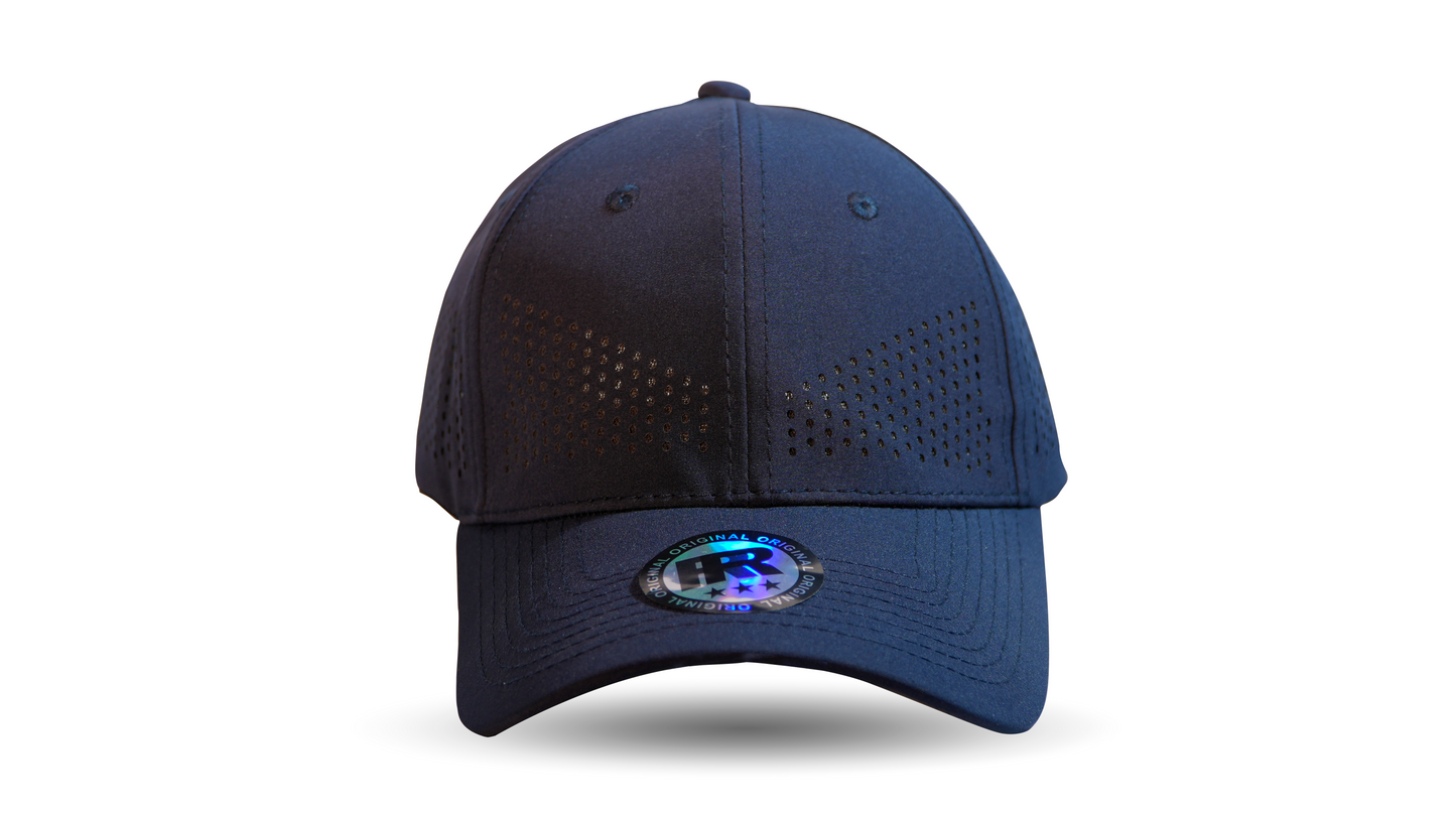 navy blue breathable baseball cap front view RR Caps adjustable fit