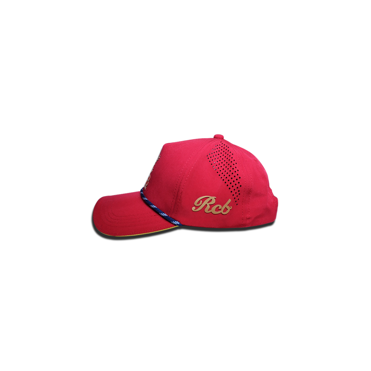 Royal Challengers Bangalore baseball cap side view showing breathable laser-cut ventilation and side branding