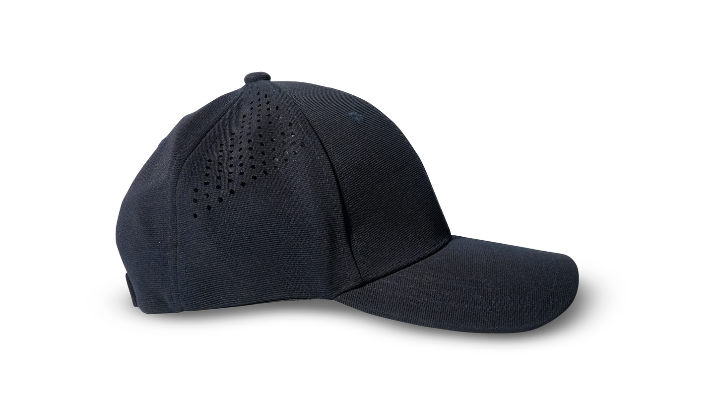 Navy blue laser perforated cap side view premium sports cap RR Caps