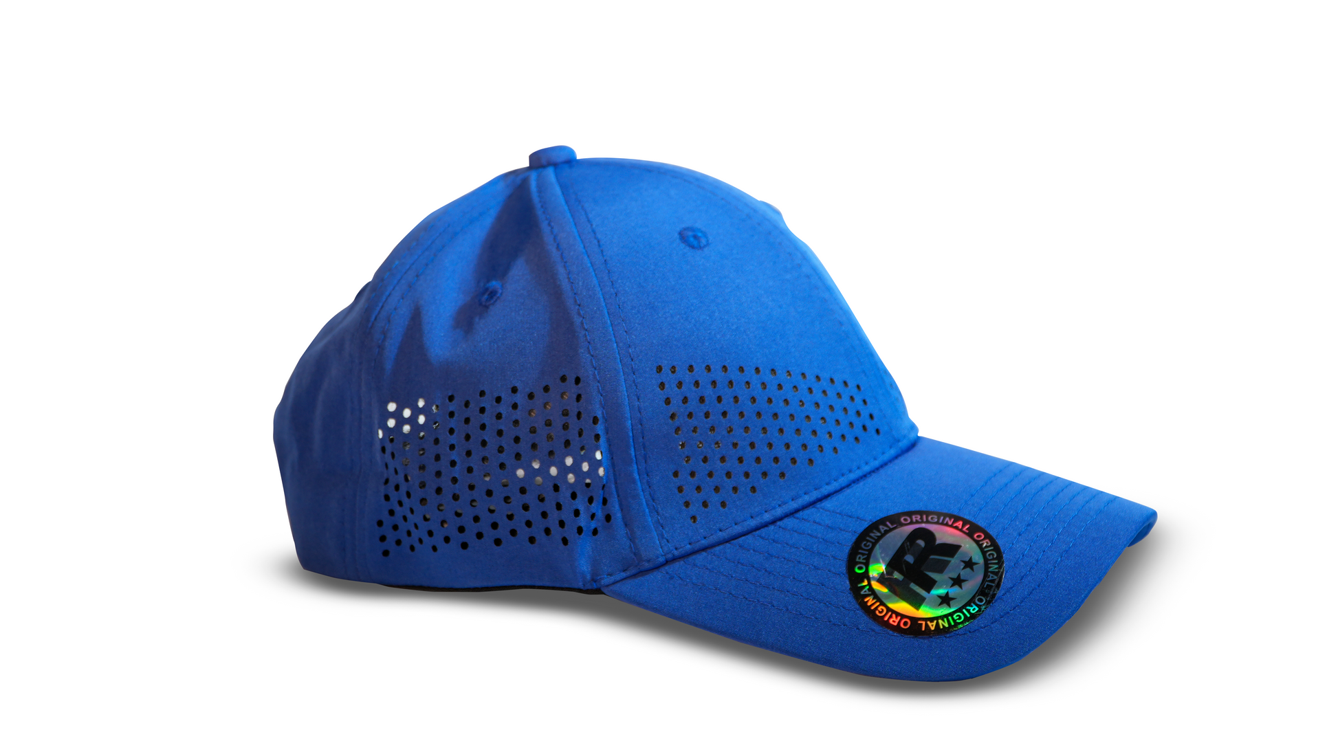 royal blue laser ventilated cap side view premium sports cap RR Caps