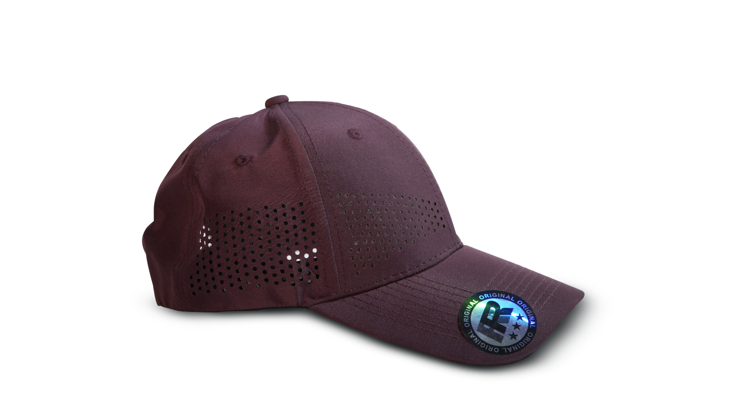 maroon laser perforated cap side view premium sports cap RR Caps