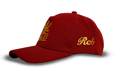 Red RCB style baseball cap side view premium cricket fan cap India