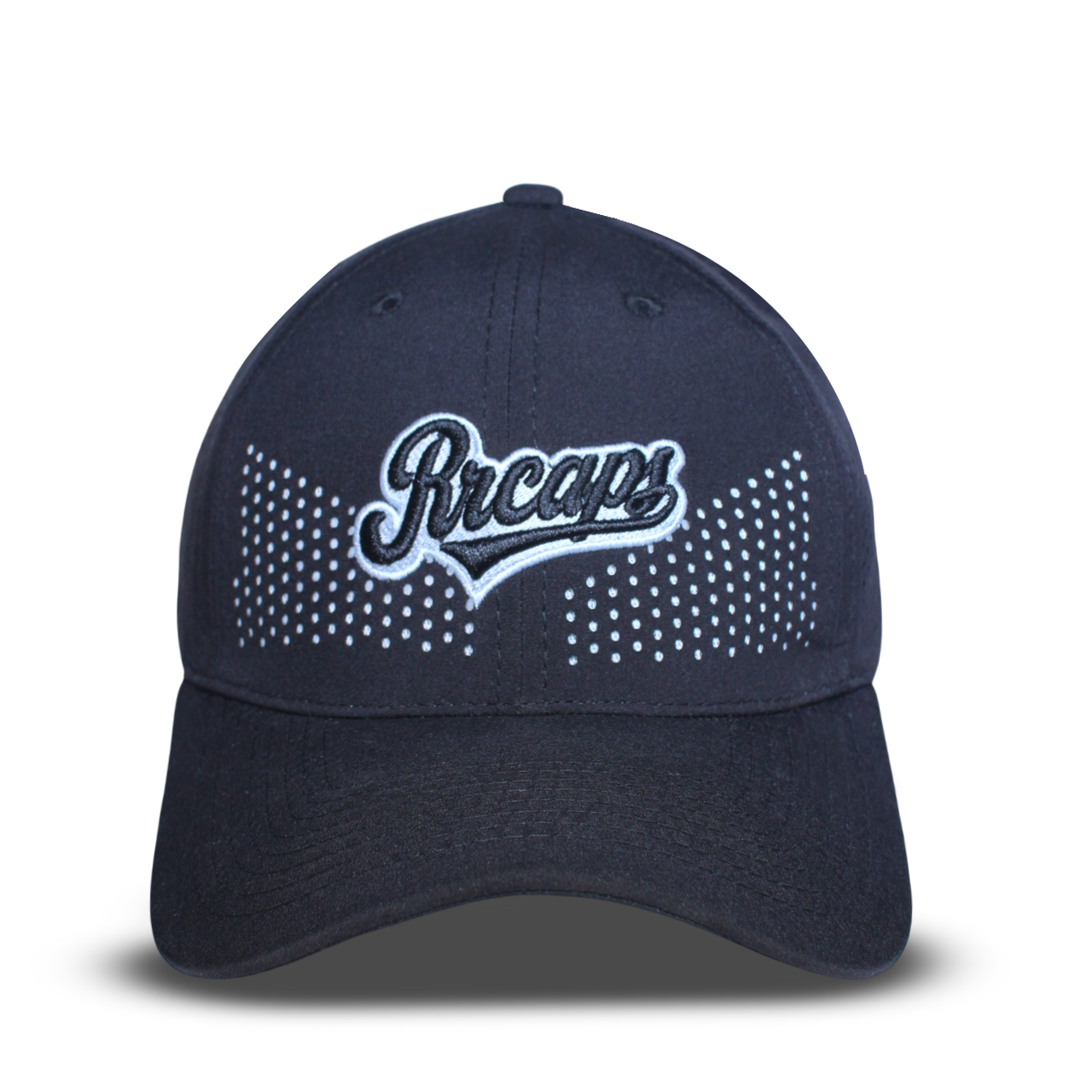 RR Caps black laser perforated breathable baseball cap with embroidered logo front view.