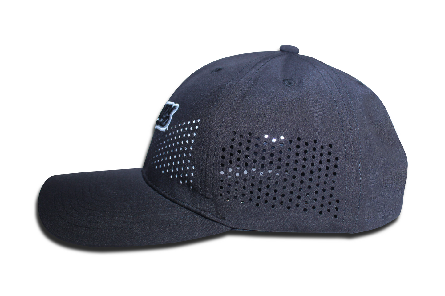 RR Caps black lightweight sports cap side view with laser-cut ventilation.