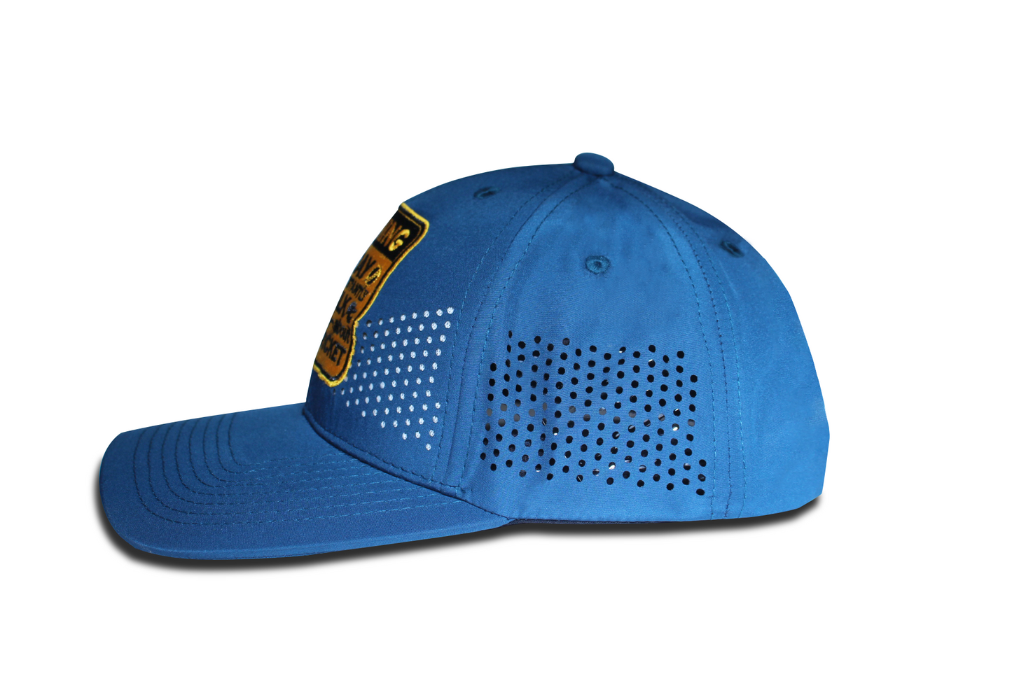 Side view of RR Caps breathable cricket baseball cap with laser ventilation panels.