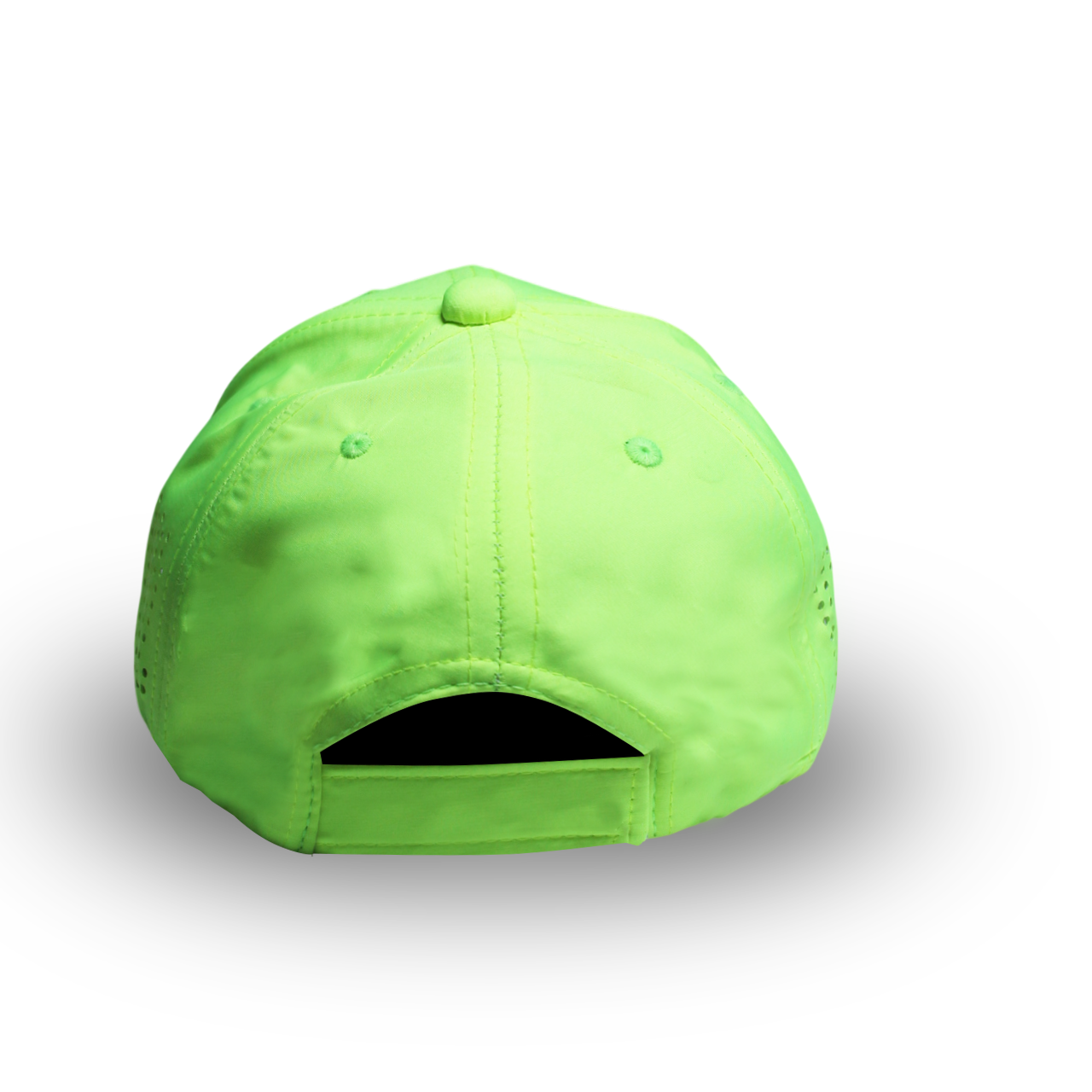 RR Caps neon green adjustable baseball cap back view with Velcro closure.