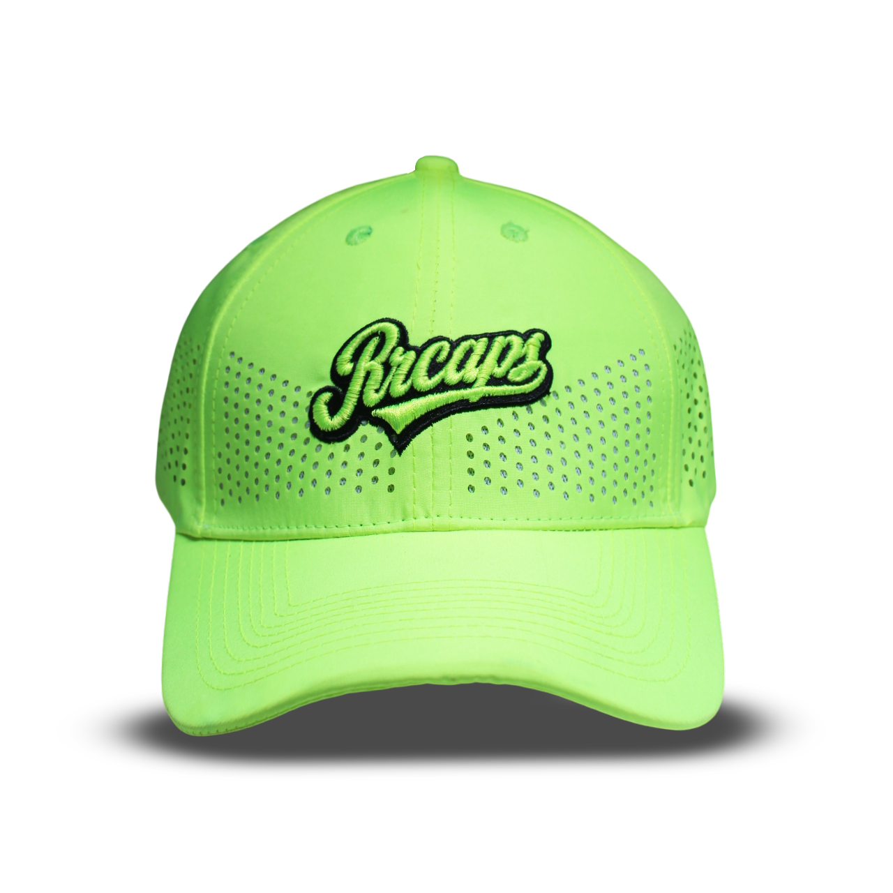 RR Caps neon green laser perforated breathable baseball cap with embroidered logo front view.