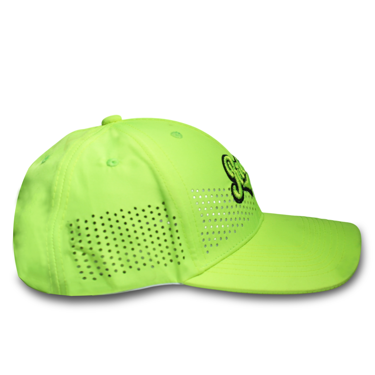 RR Caps neon green breathable laser perforated baseball cap side profile showing ventilation panels.