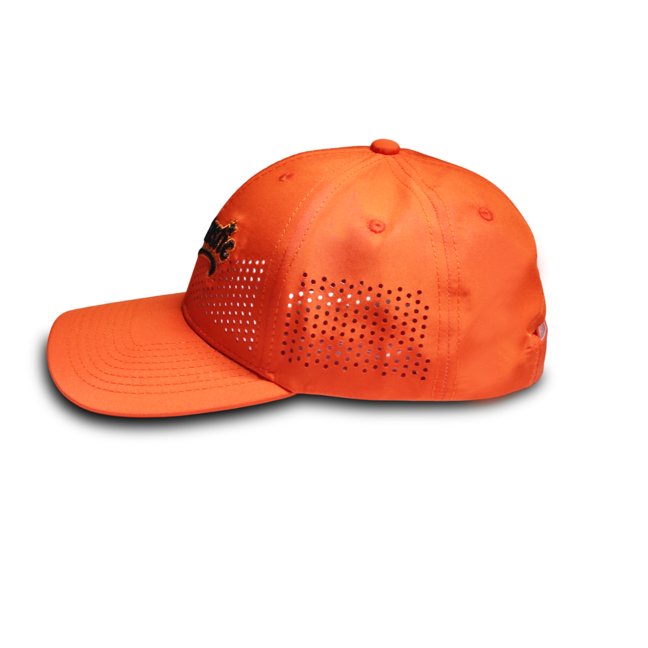 Side view of RR Caps orange laser perforated breathable baseball cap showing laser ventilation panels.