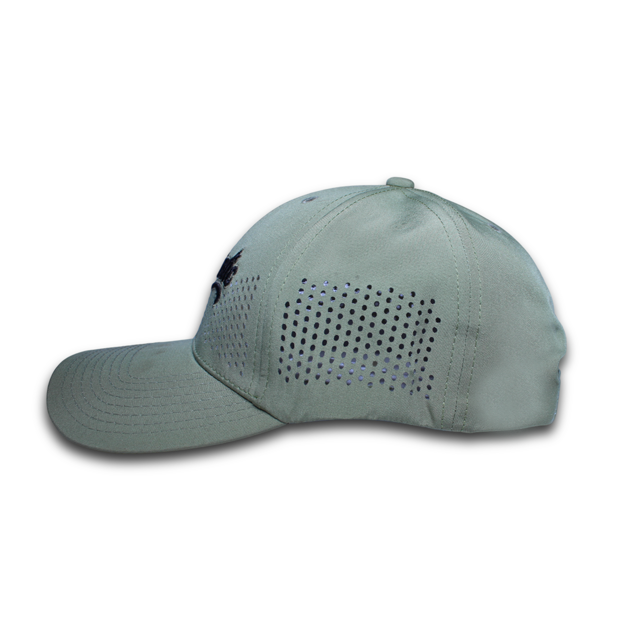 Side view of RR Caps pista green laser perforated breathable baseball cap showing ventilation panels.