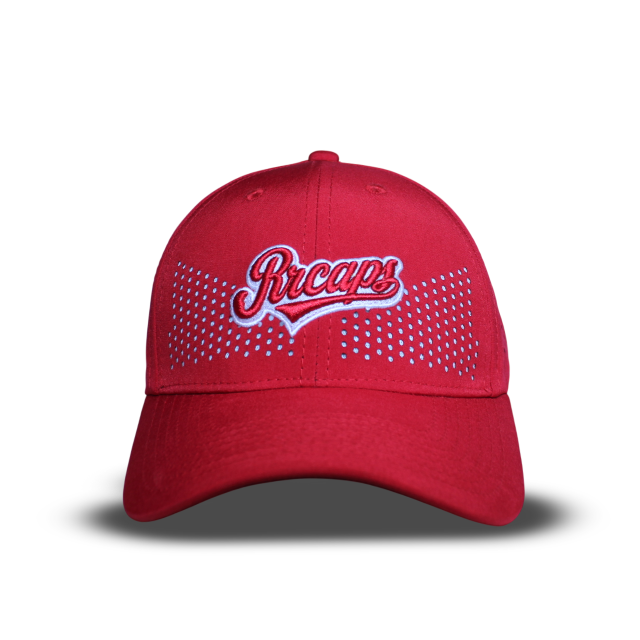 RR Caps red laser perforated breathable baseball cap with embroidered logo front view.