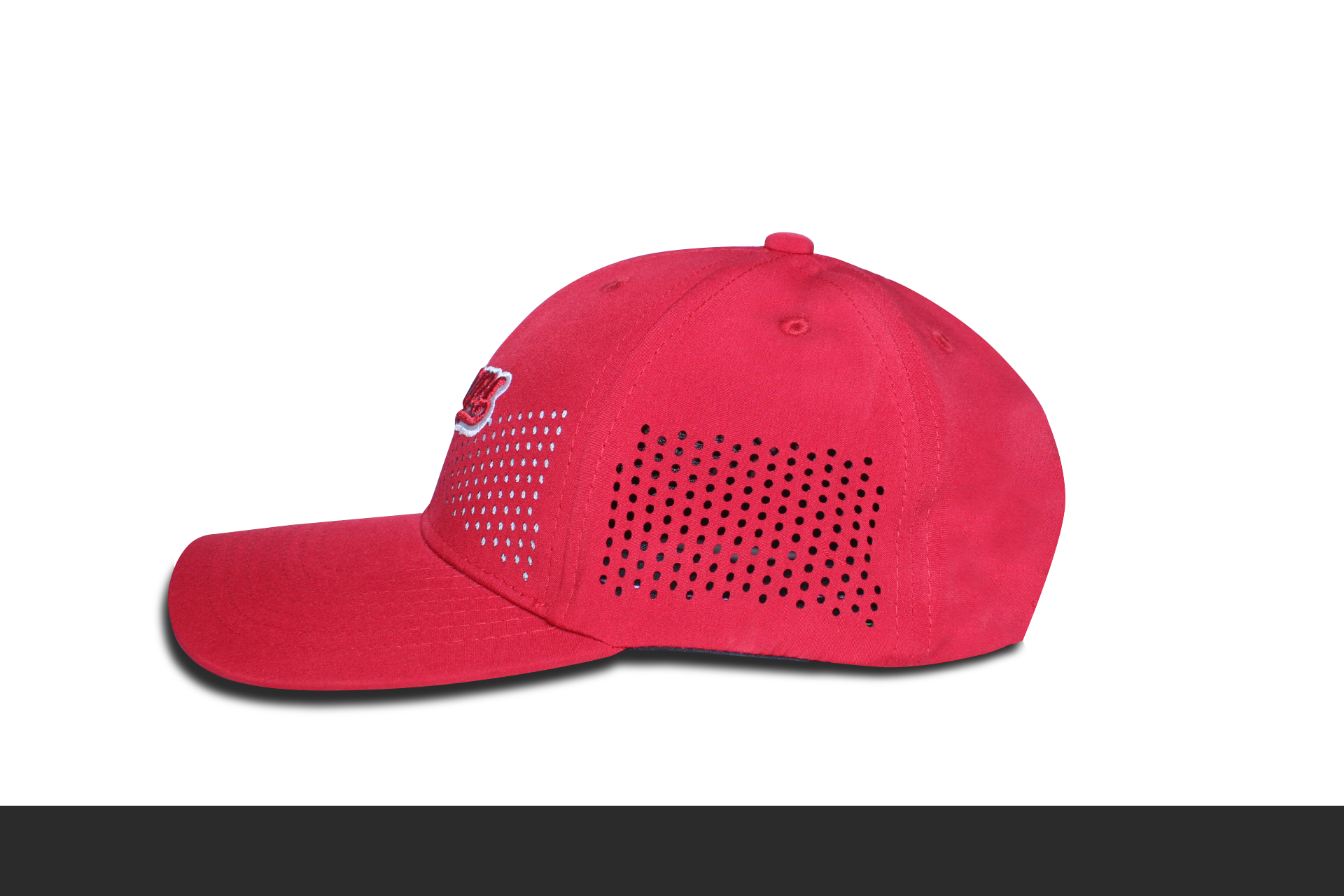 RR Caps red breathable sports cap side profile with laser perforated airflow panels.