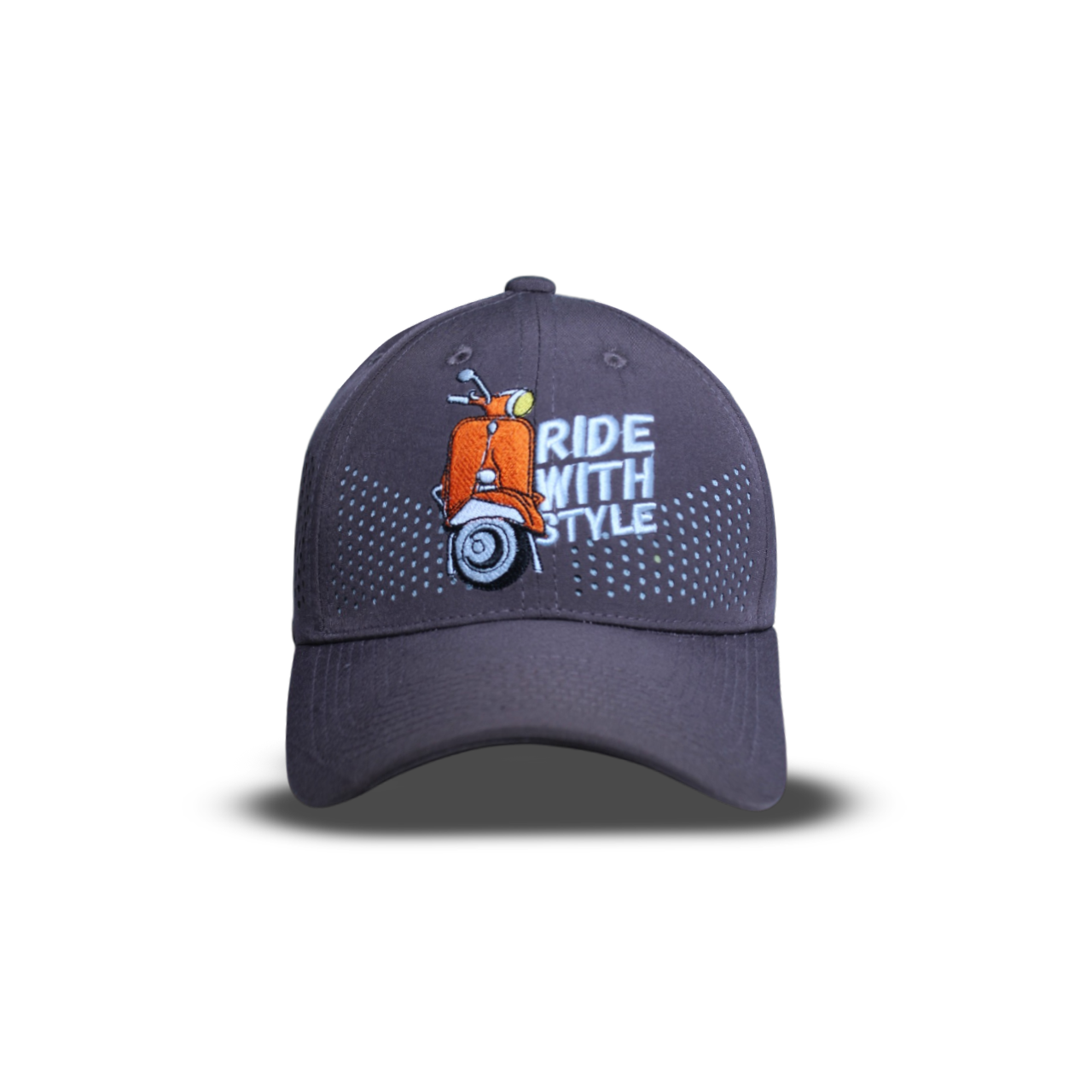 Front view of RR Caps Ride With Style charcoal grey laser perforated breathable baseball cap with embroidered scooter design.