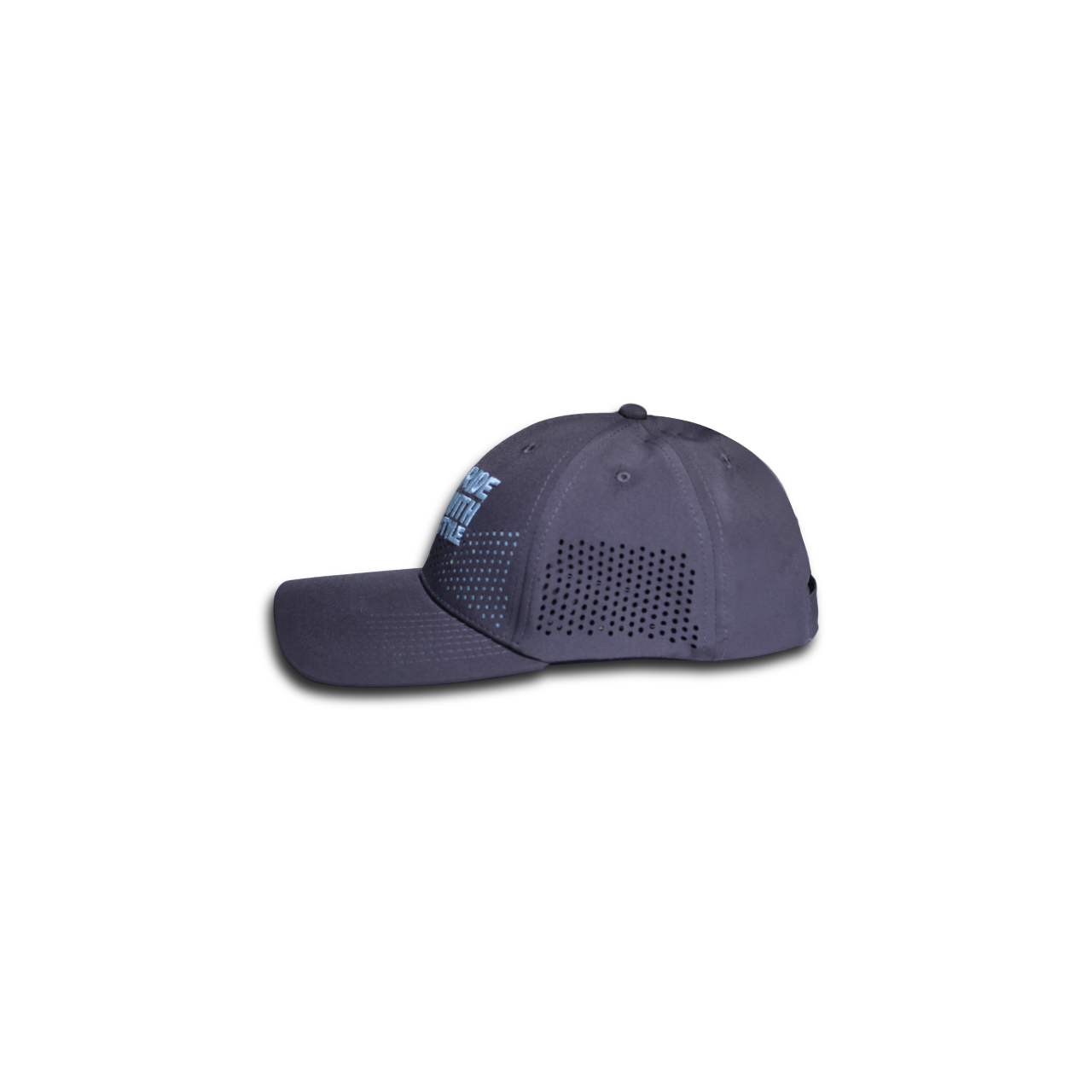 Side view of RR Caps Ride With Style charcoal grey baseball cap featuring laser ventilation panels.