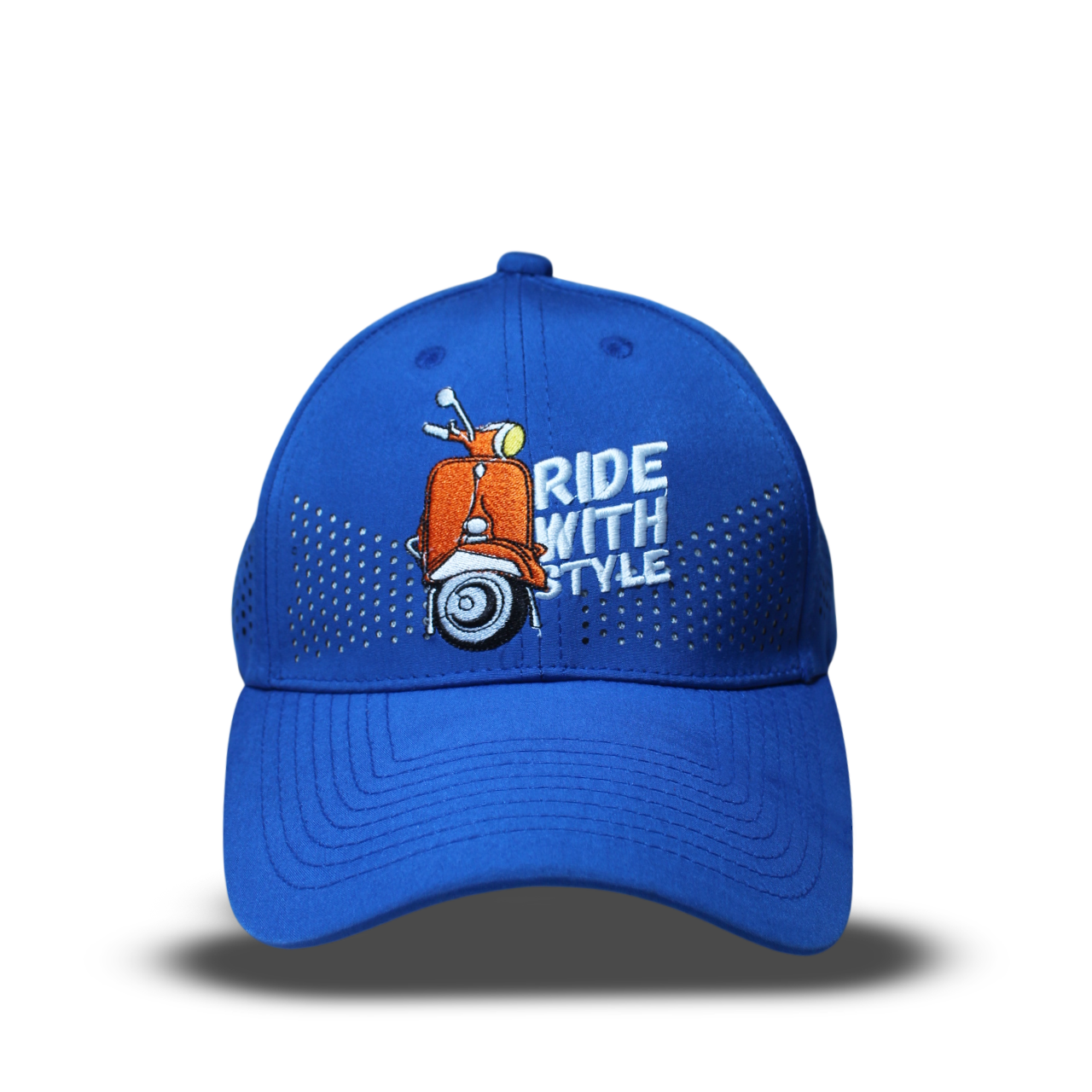 Front view of RR Caps Ride With Style royal blue laser perforated breathable baseball cap with embroidered scooter design.