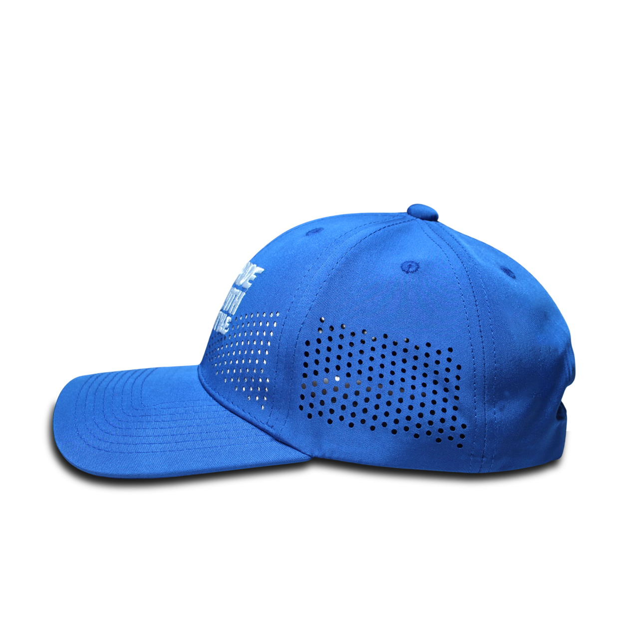 Side view of RR Caps Ride With Style royal blue baseball cap showing laser-perforated ventilation panels.