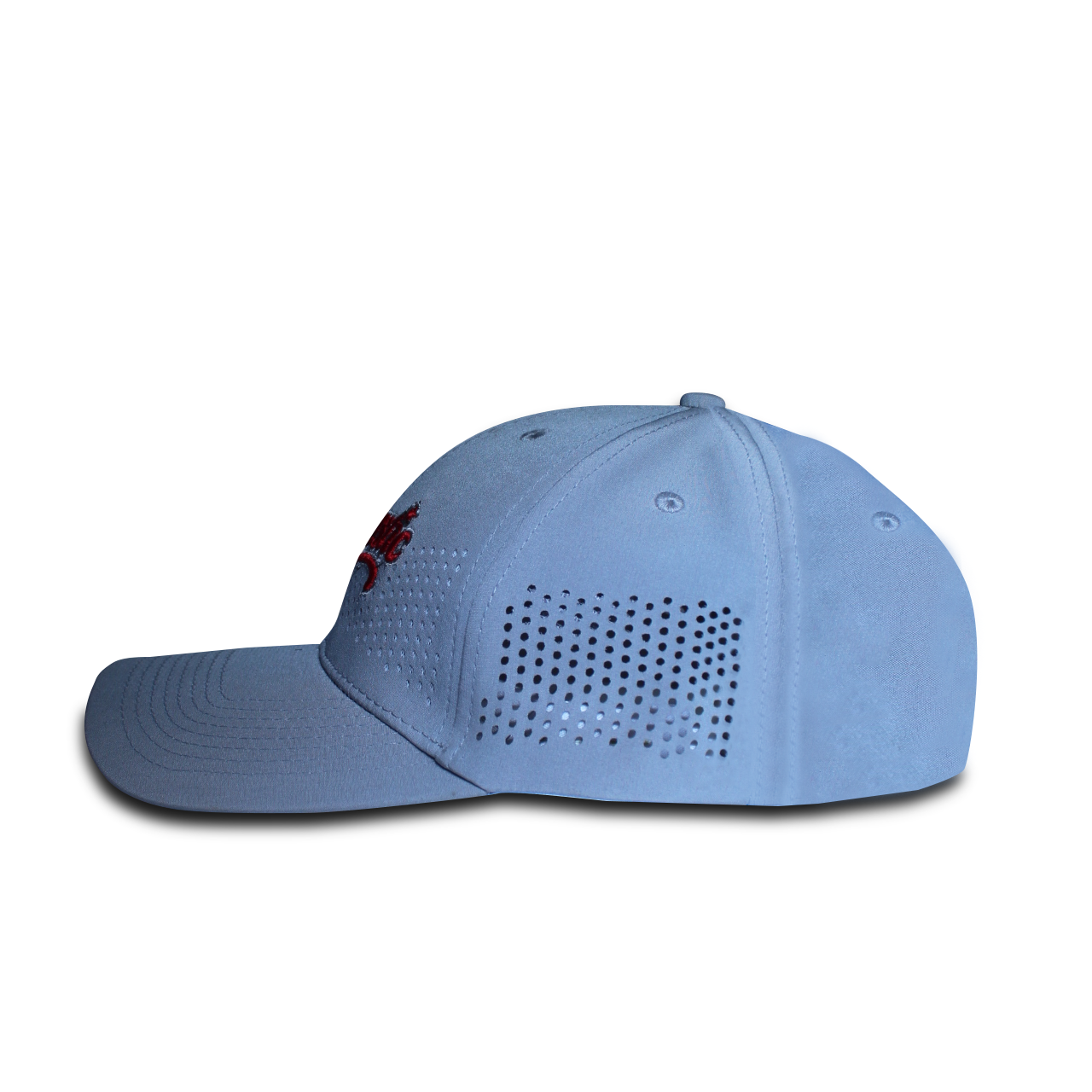 Side view of RR Caps sky blue laser perforated breathable baseball cap with airflow ventilation panels.