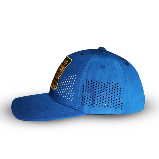 RR Cricket 01 blue breathable perforated cap side view