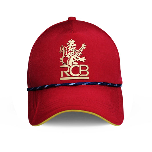 RR RCB 01 red cricket fan cap front view with embroidered RCB logo