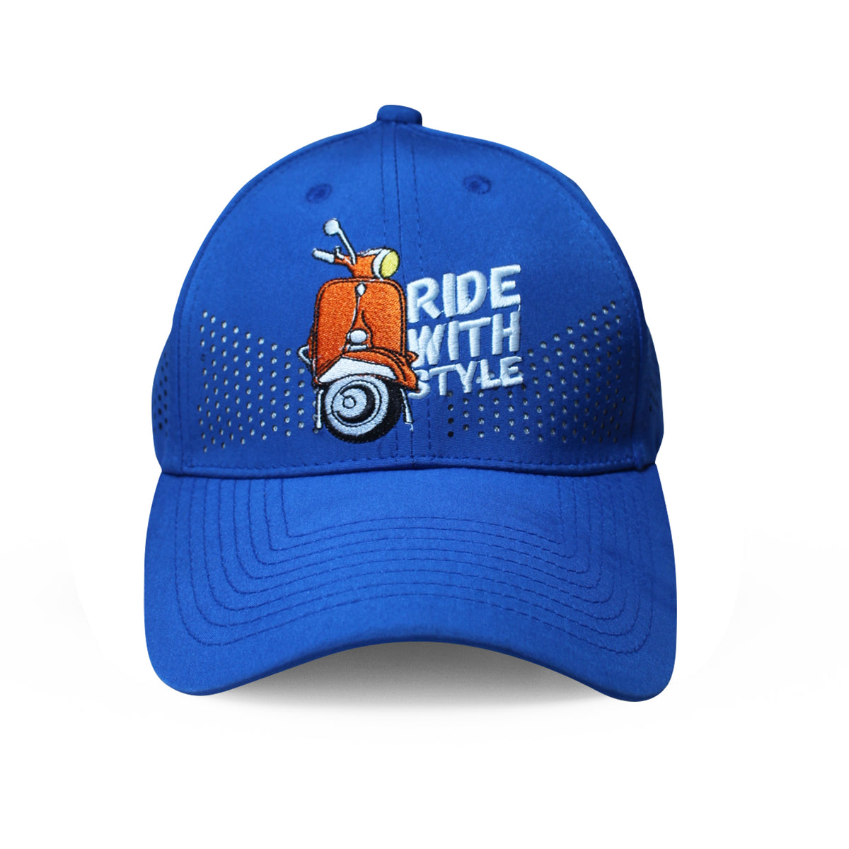 RR Ride With Style blue perforated cap front view with scooter embroidery