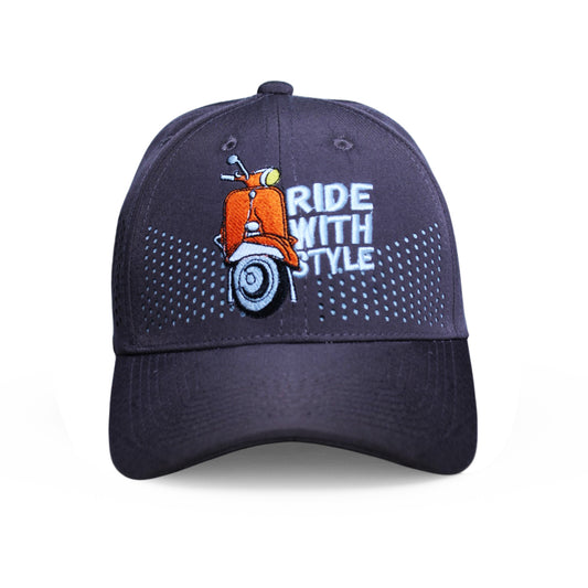 RR Ride With Style chocolate brown perforated cap front view with scooter embroidery