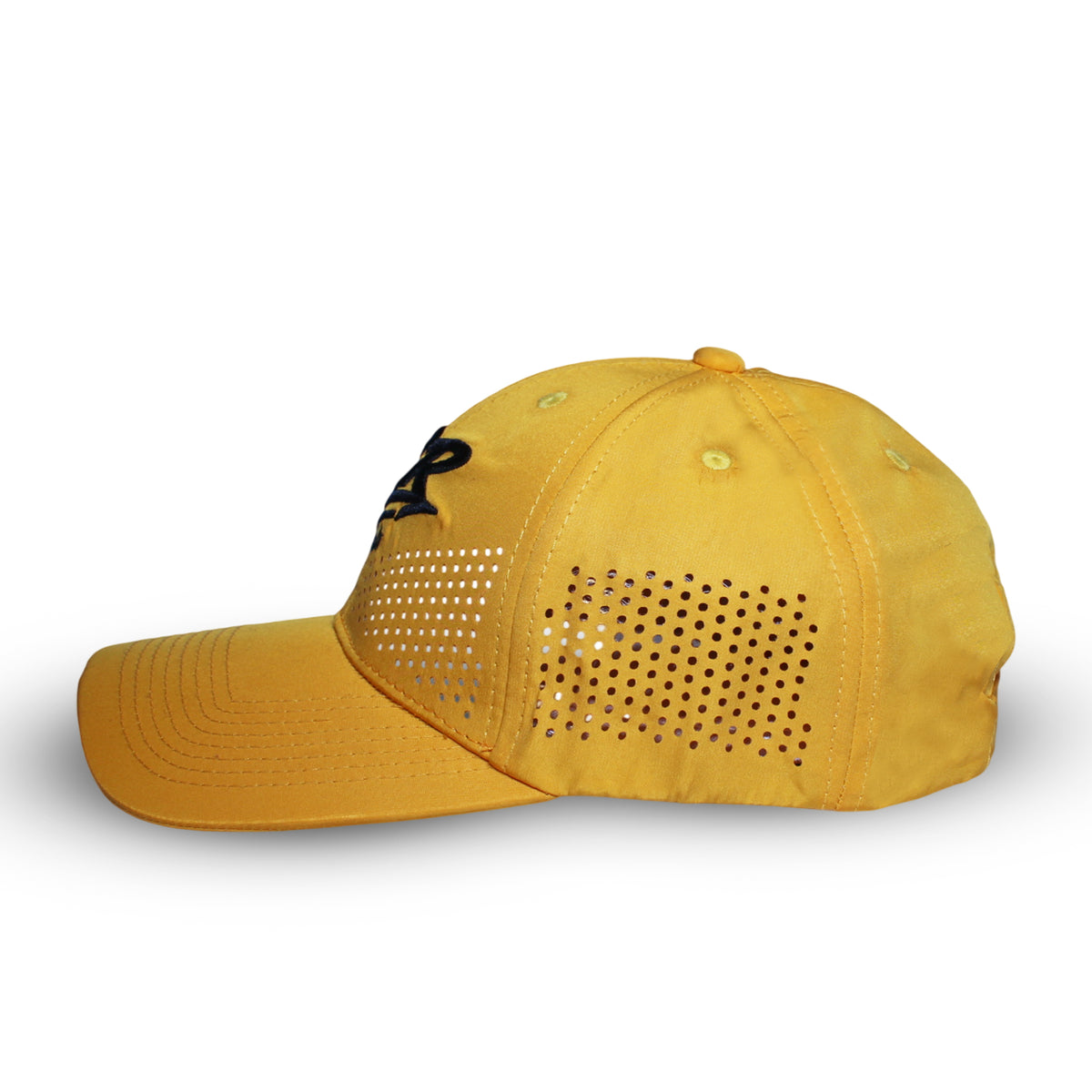 Side view of RR Style / 01 yellow perforated cap showing perforated side panels