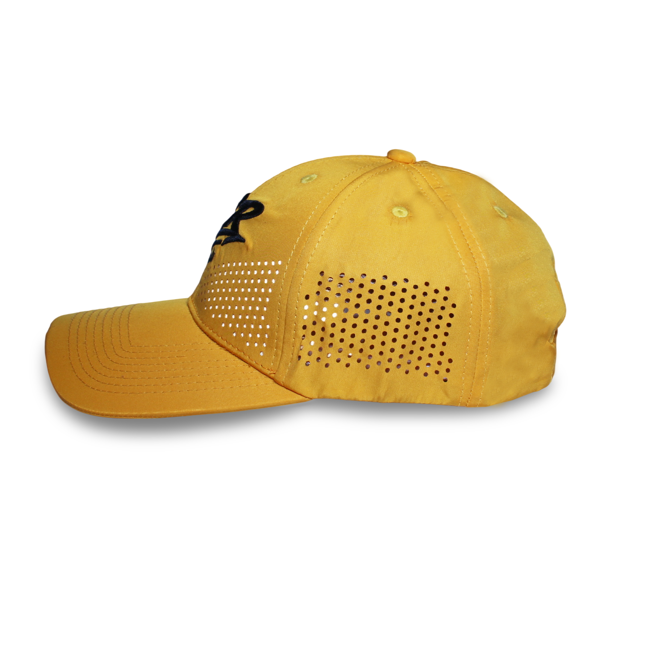 RR Style mustard yellow sports cap side view with laser ventilation