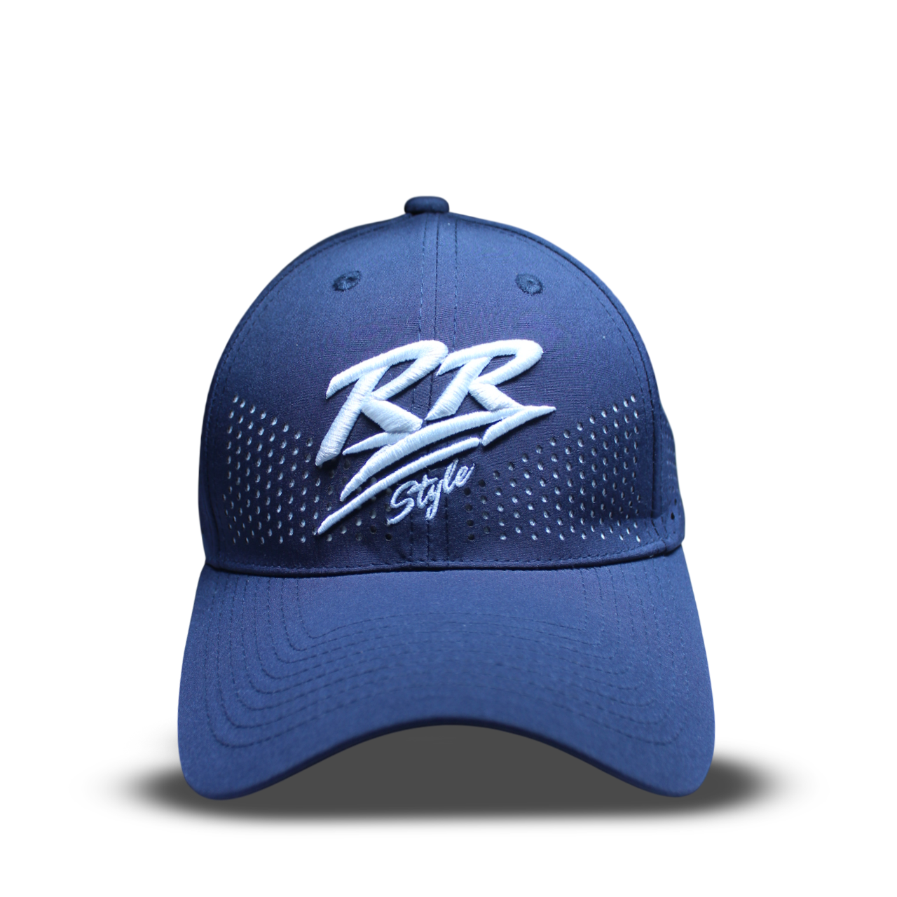 RR Style navy blue breathable laser perforated baseball cap front view