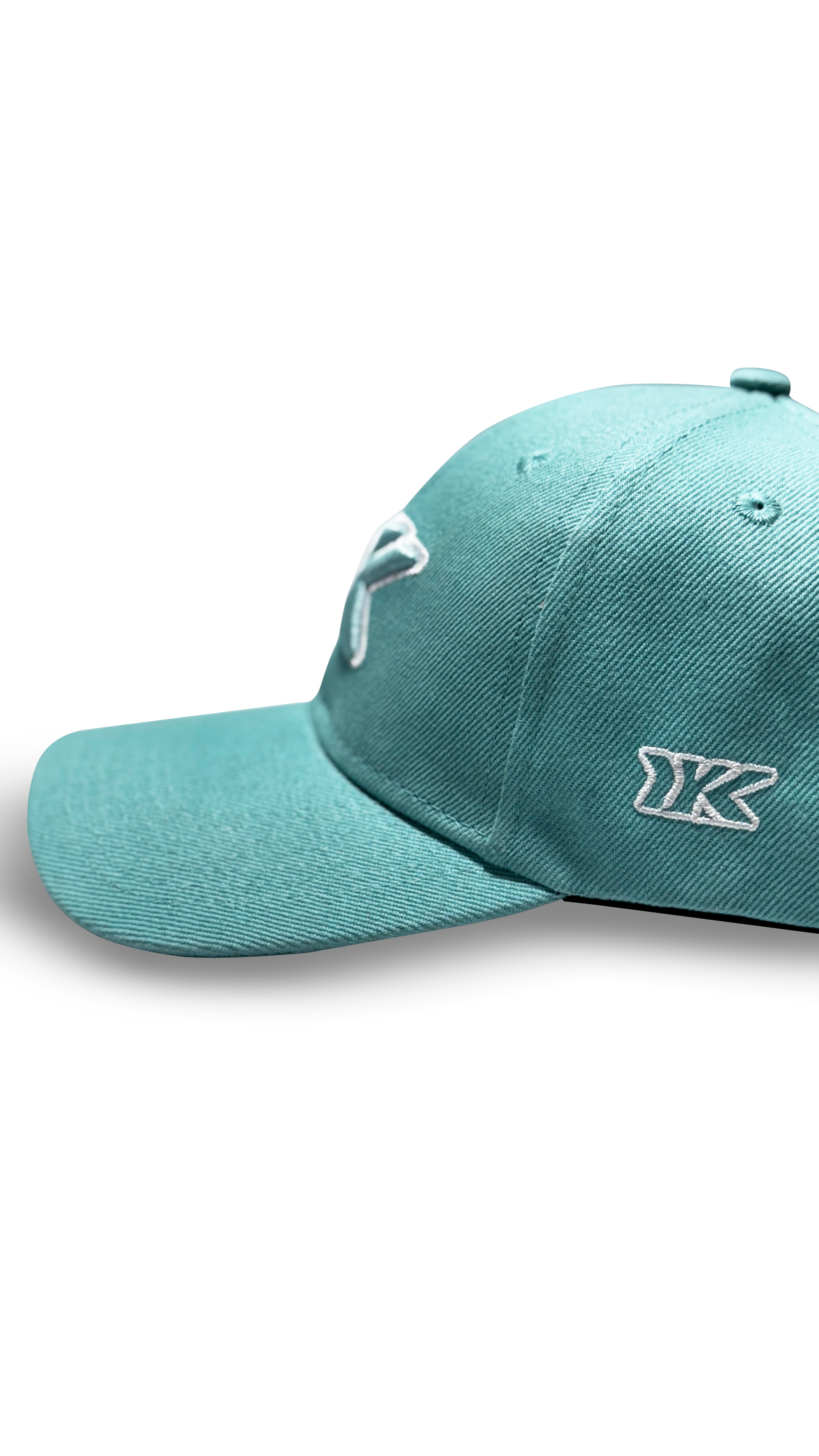 Aqua blue baseball cap side profile curved brim RR Caps