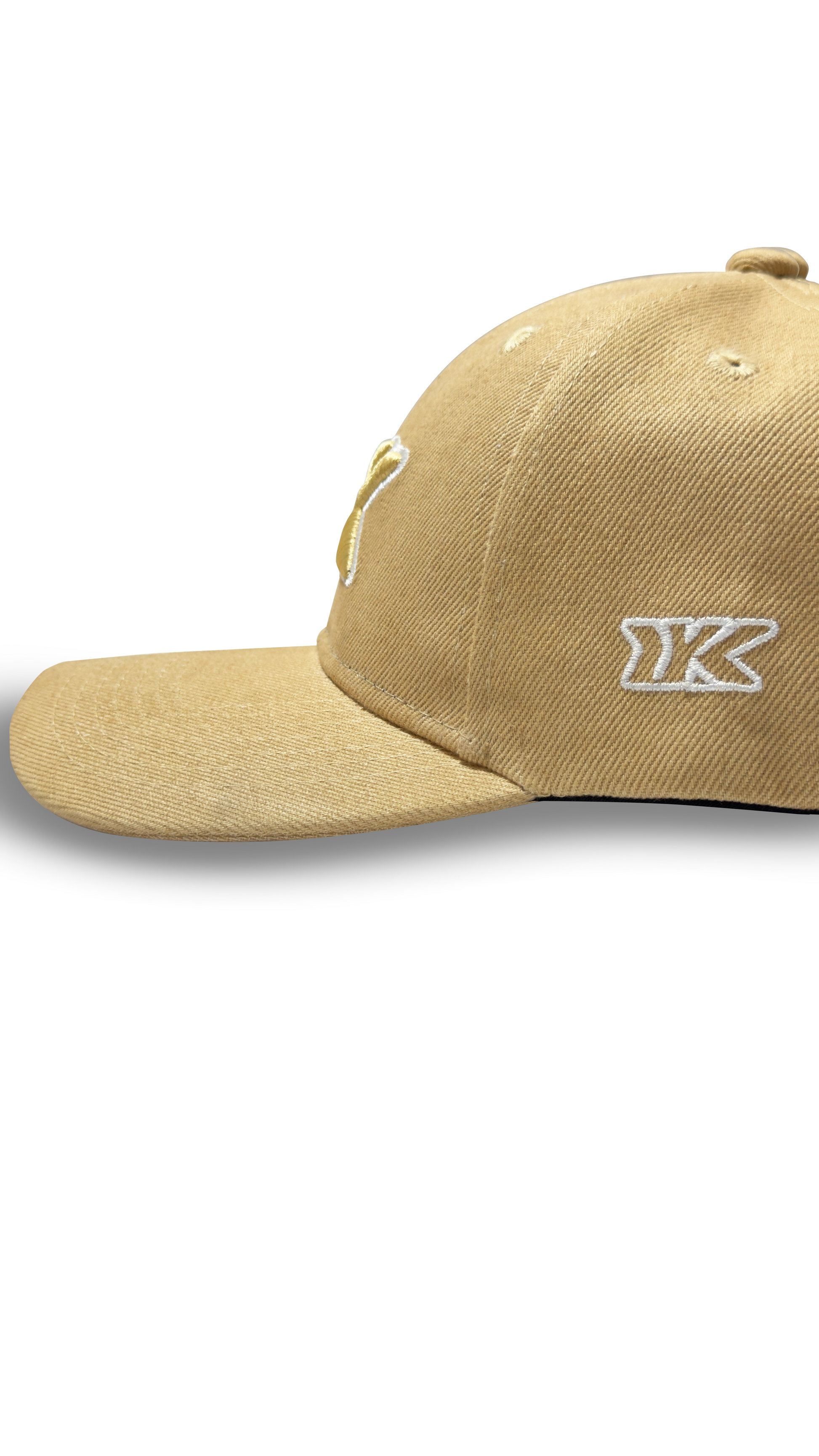 Sand beige baseball cap side profile curved brim RR Caps