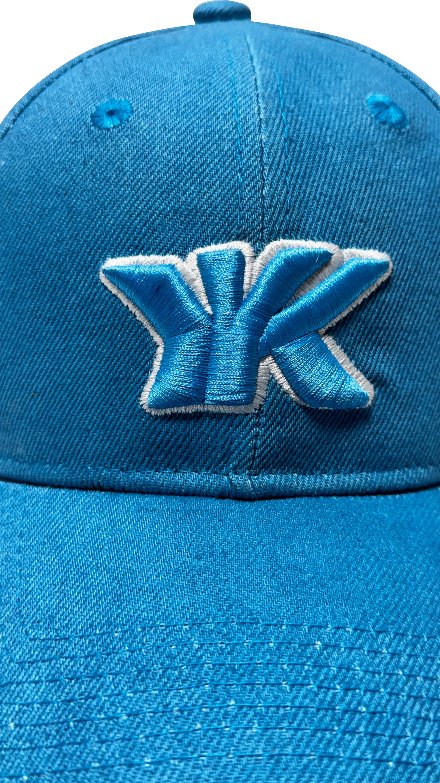 Azure wave blue baseball cap embroidered logo close-up premium stitching